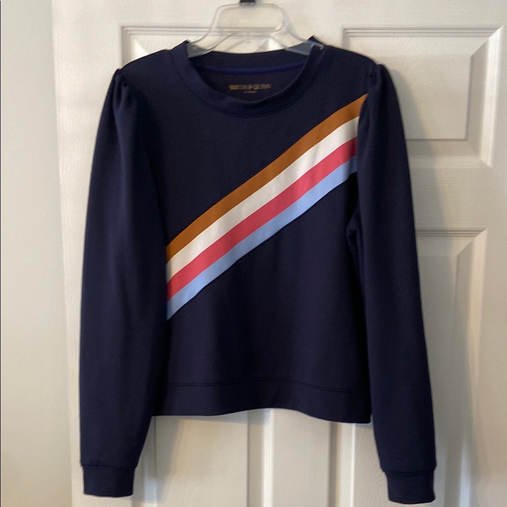 Chic Navy Crew Neck Sweater with Colorful Stripes